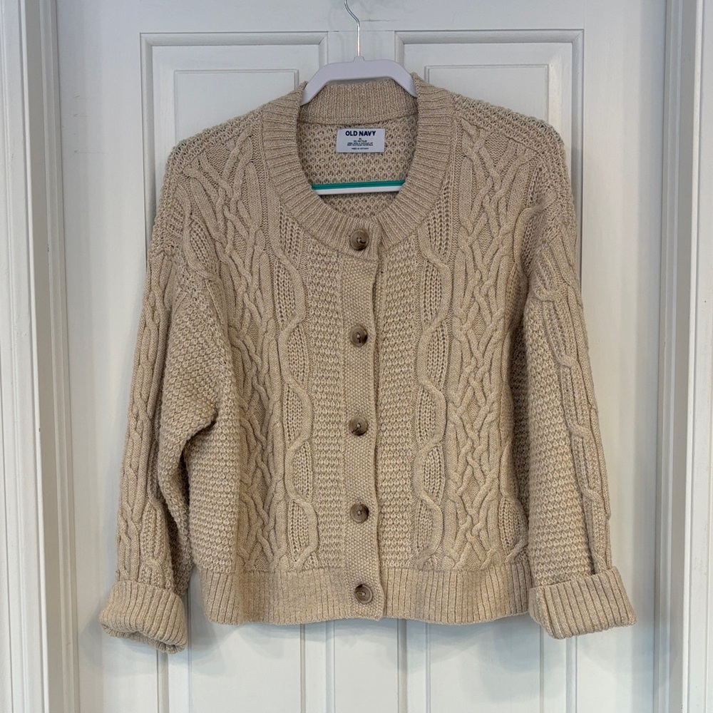 Old Navy Women's Tan Cozy Cable Knit Fisherman Button Up Cardigan Sweater XL